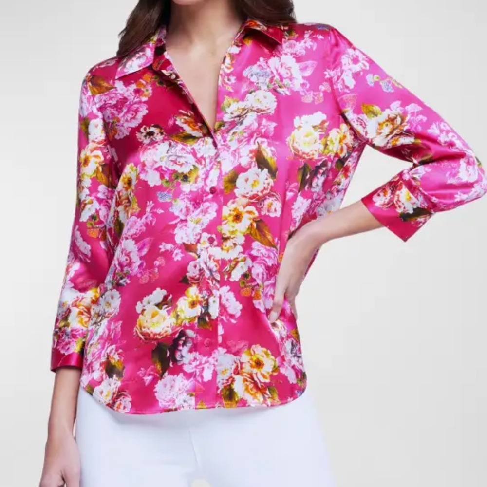 NWOT L'Agence Women's Pink Floral Button-Front Top